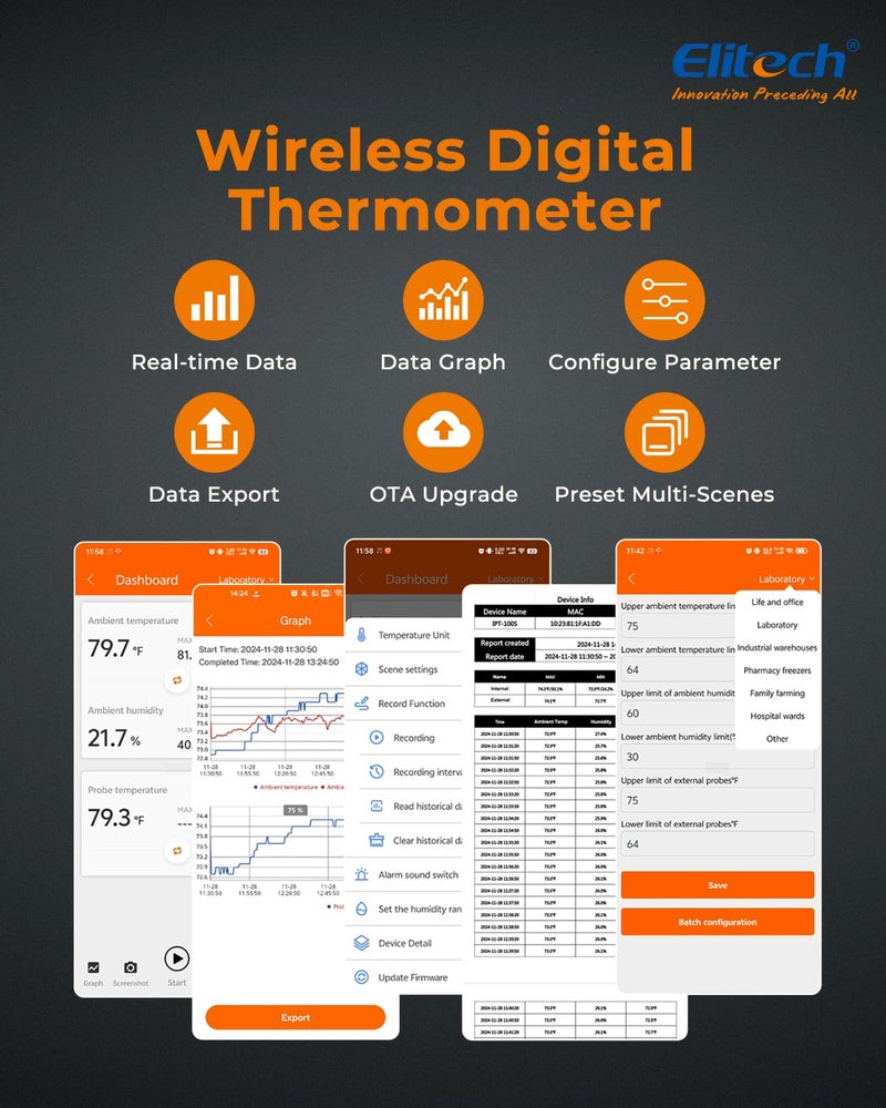 Elitech 2Pack Digital Bluetooth Hygrometer Thermometer, Refrigerator Thermometer with Free APP, Real-Time Temperature Humidity Monitor, PDF&CSV Data Export, IPT-100S with External Probe - Image 4